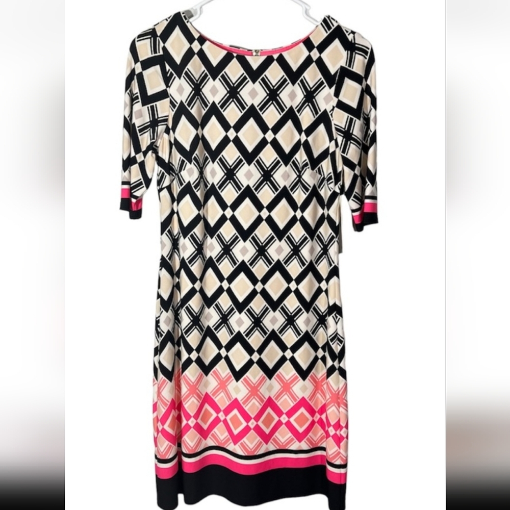 Eliza J Pink and Cream Sheath Midi Dress with 3/4 Sleeves- 8 EUC